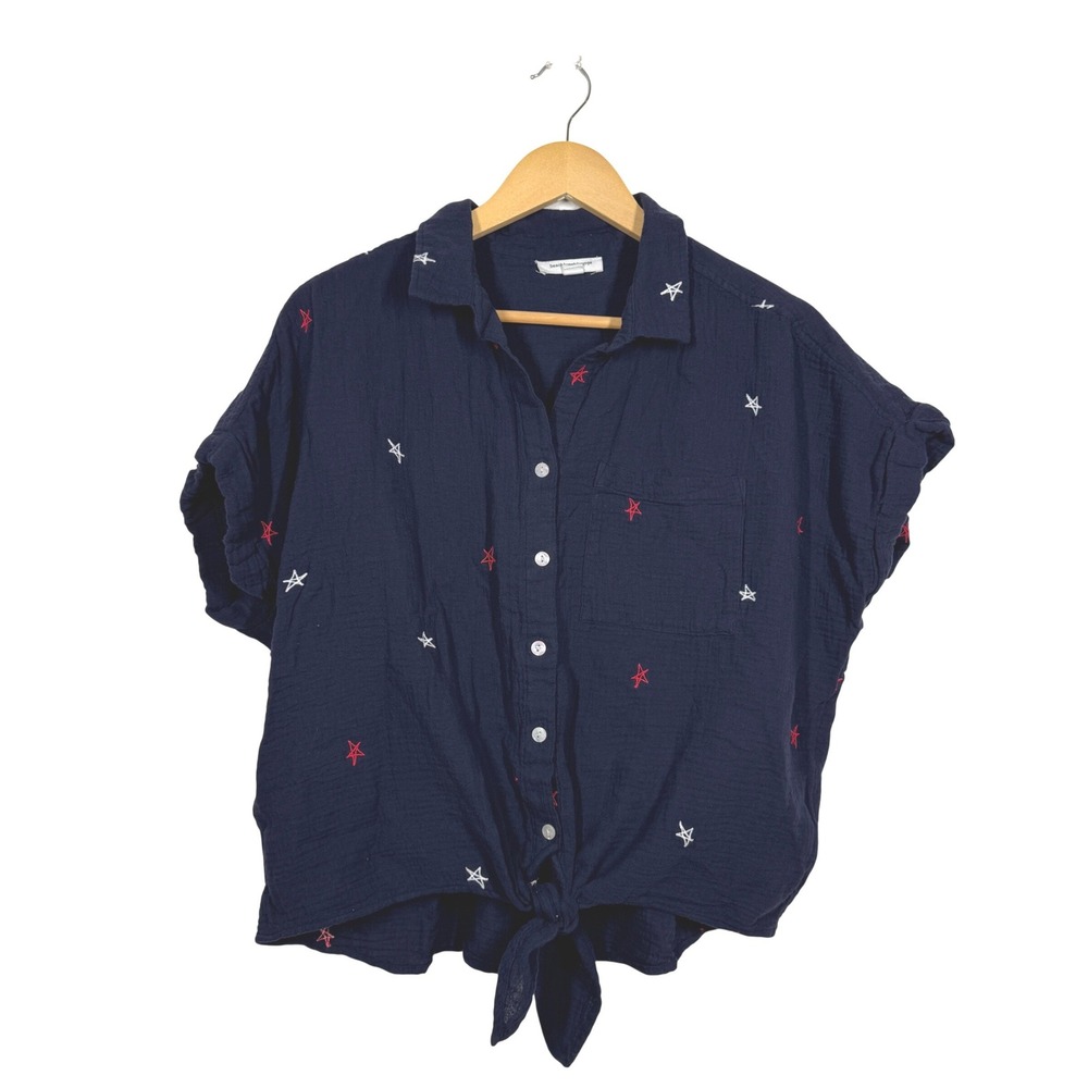 Beachlunchlounge Navy Blue Cotton Gauze Star Embroidered Tie Front Shirt Large